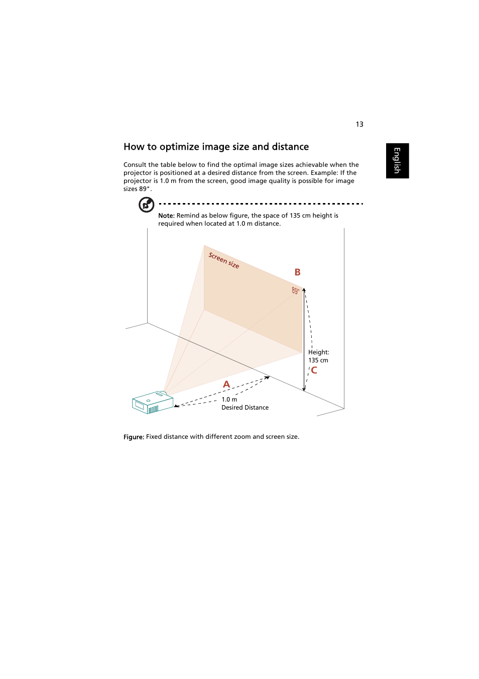 How to optimize image size and distance, Ac b | Acer S1370WHn User Manual | Page 23 / 64