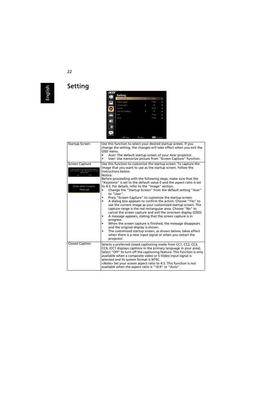 Setting, En gl ish | Acer S1370WHn User Manual | Page 32 / 64