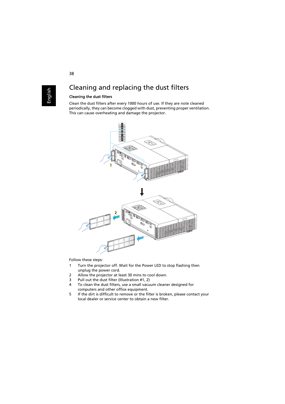 Cleaning and replacing the dust filters | Acer S1370WHn User Manual | Page 48 / 64