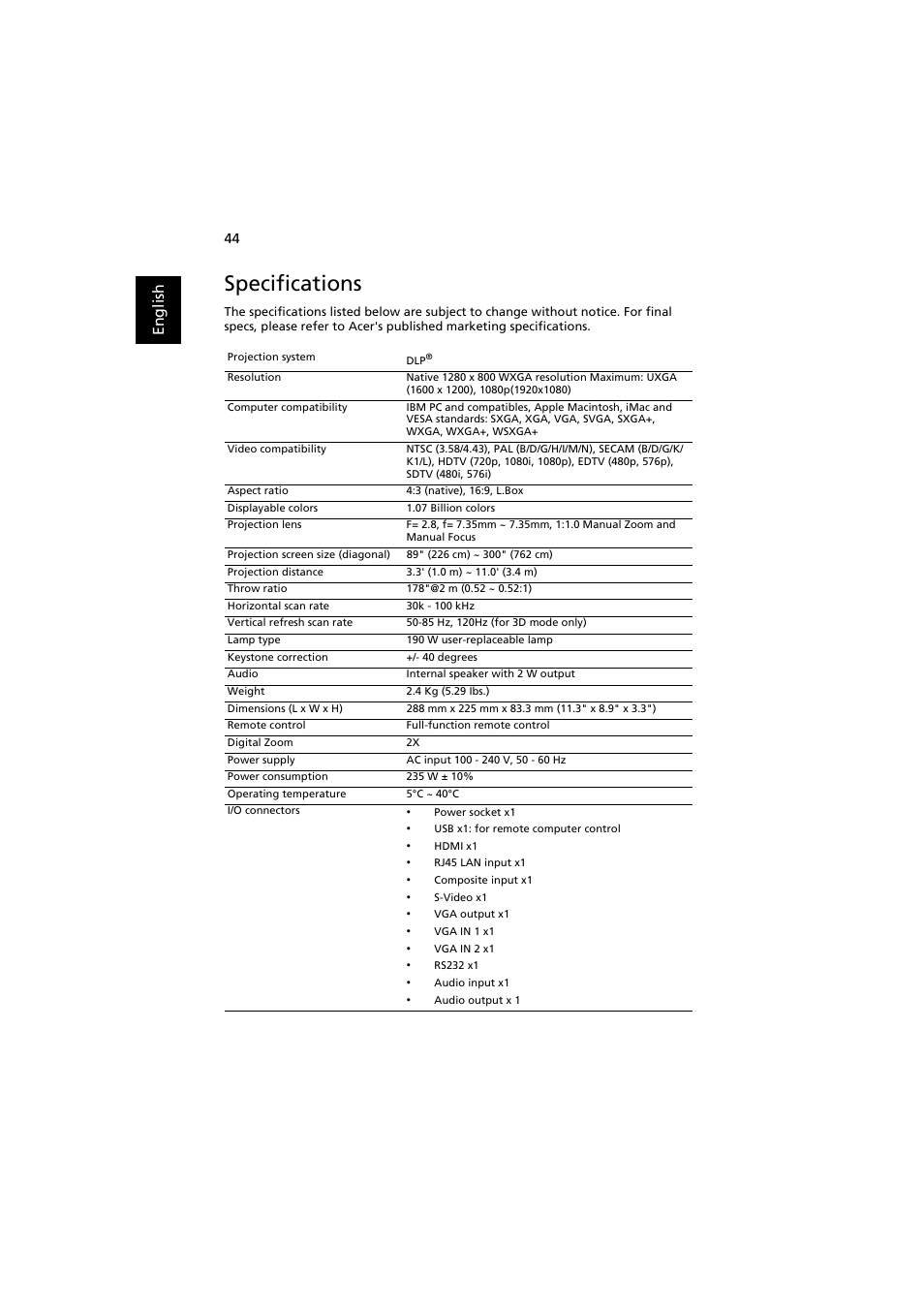 Specifications, En gl ish | Acer S1370WHn User Manual | Page 54 / 64