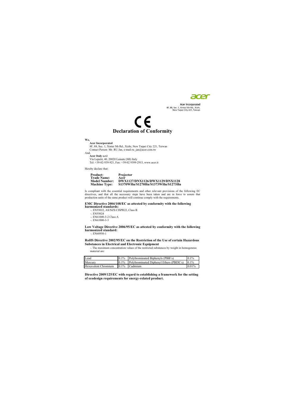 Declaration of conformity | Acer S1370WHn User Manual | Page 62 / 64