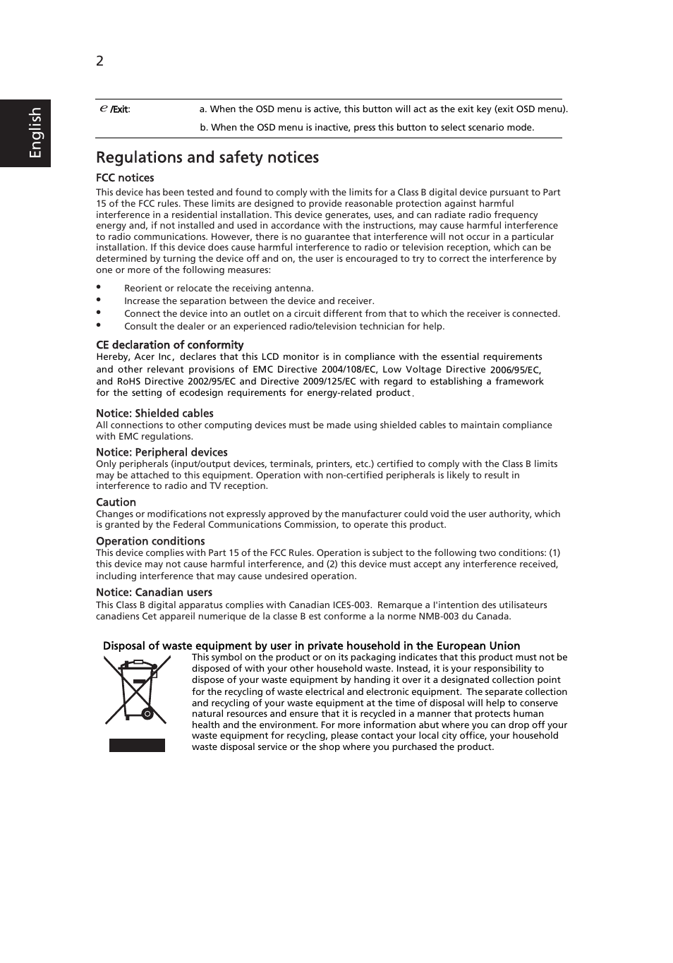 Regulations and safety notices, Eng lis h | Acer V203HL User Manual | Page 2 / 2