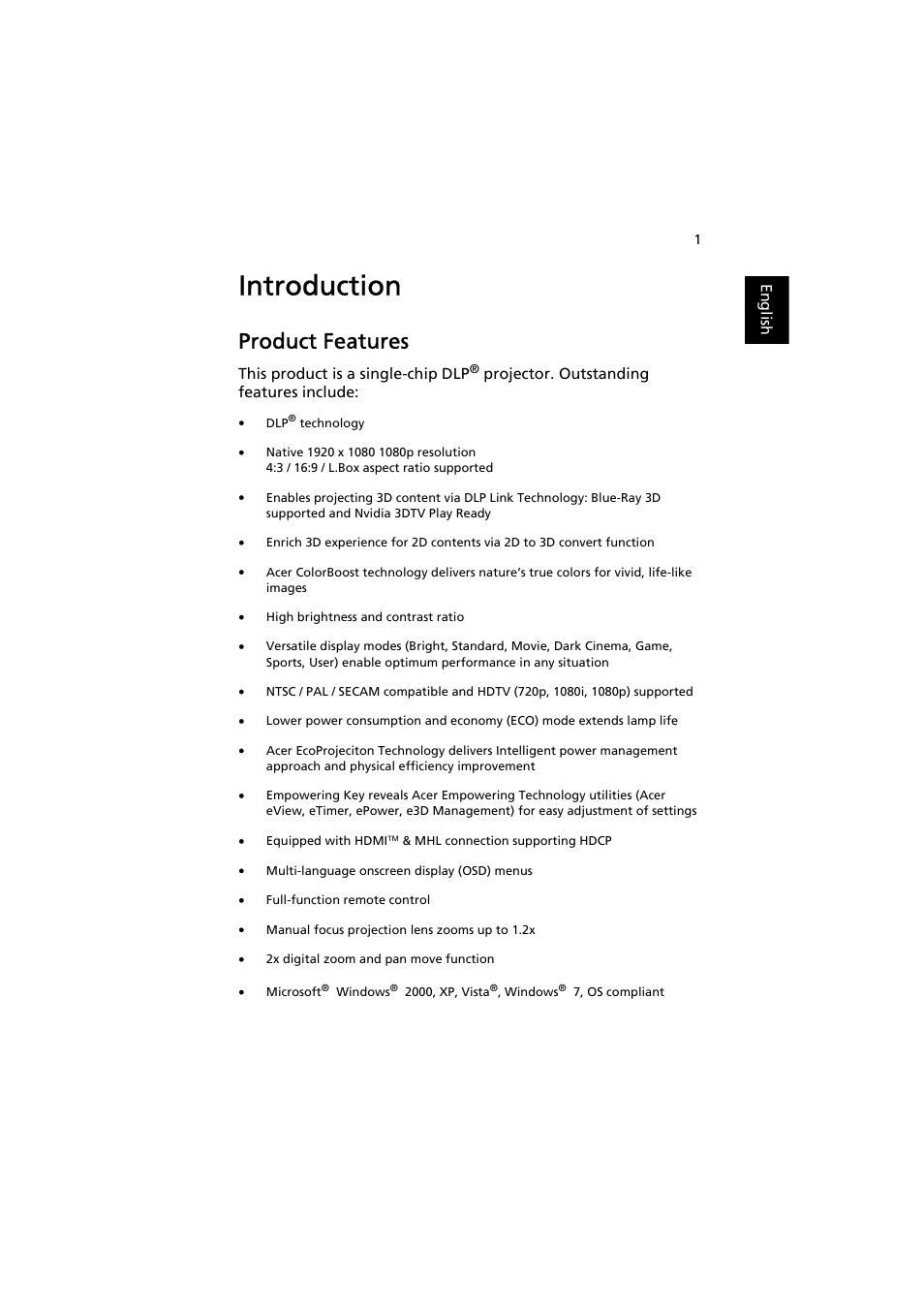 Introduction, Product features | Acer H7532BD User Manual | Page 11 / 58