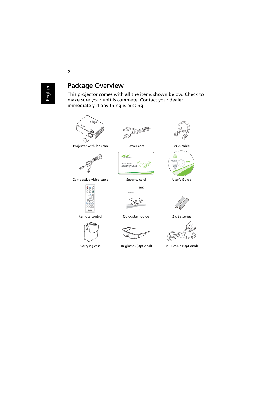 Package overview | Acer H7532BD User Manual | Page 12 / 58