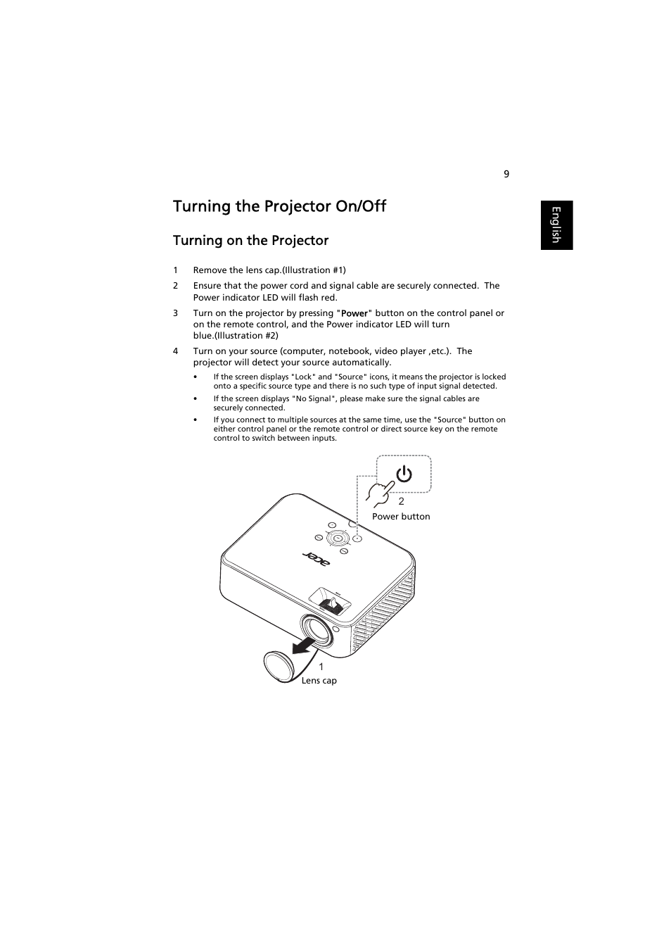 Turning the projector on/off, Turning on the projector | Acer H7532BD User Manual | Page 19 / 58