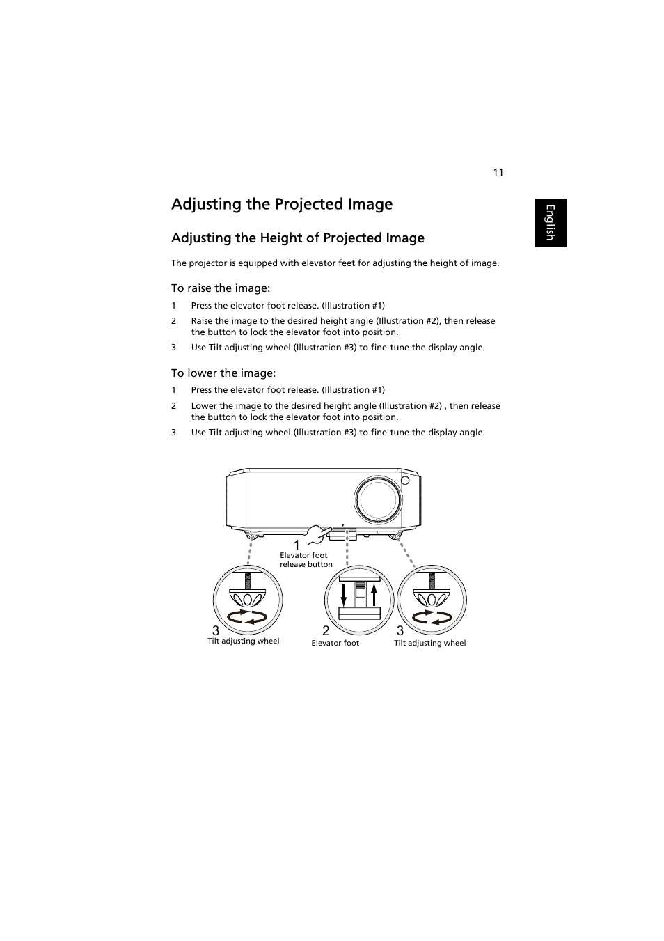Adjusting the projected image, Adjusting the height of projected image | Acer H7532BD User Manual | Page 21 / 58