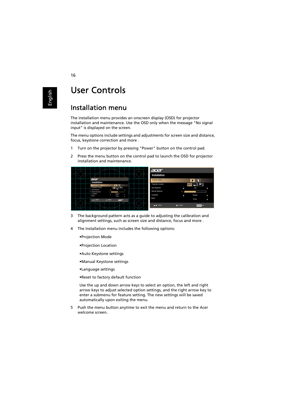 User controls, Installation menu, En gl ish | Acer H7532BD User Manual | Page 26 / 58