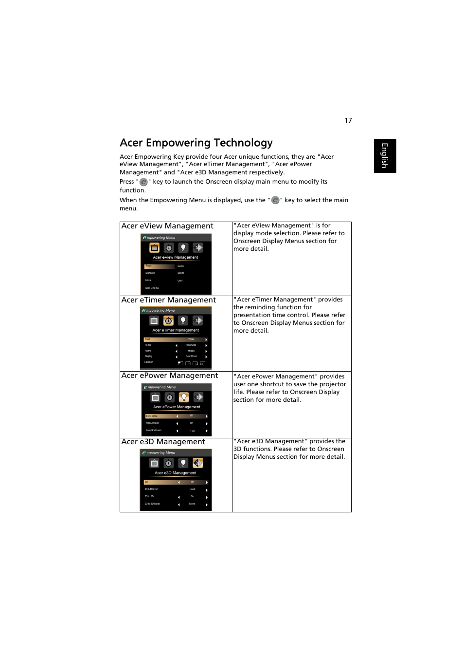 Acer empowering technology, English, Acer eview management | Acer etimer management, Acer epower management, Acer e3d management | Acer H7532BD User Manual | Page 27 / 58