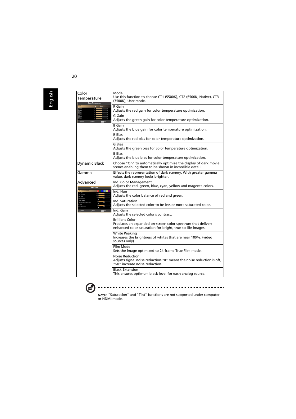 En gl ish | Acer H7532BD User Manual | Page 30 / 58