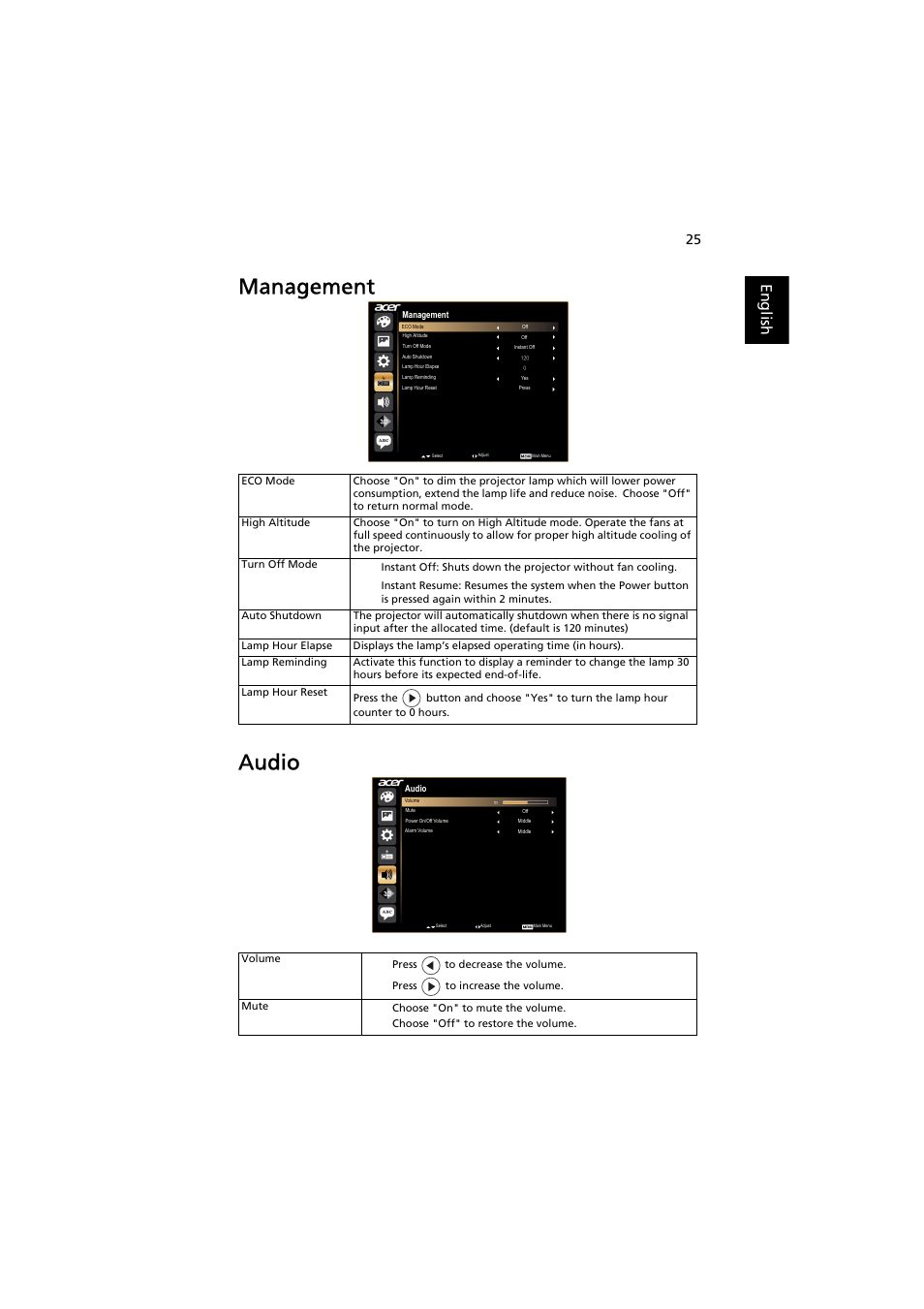 Management, Audio, Management audio | English | Acer H7532BD User Manual | Page 35 / 58