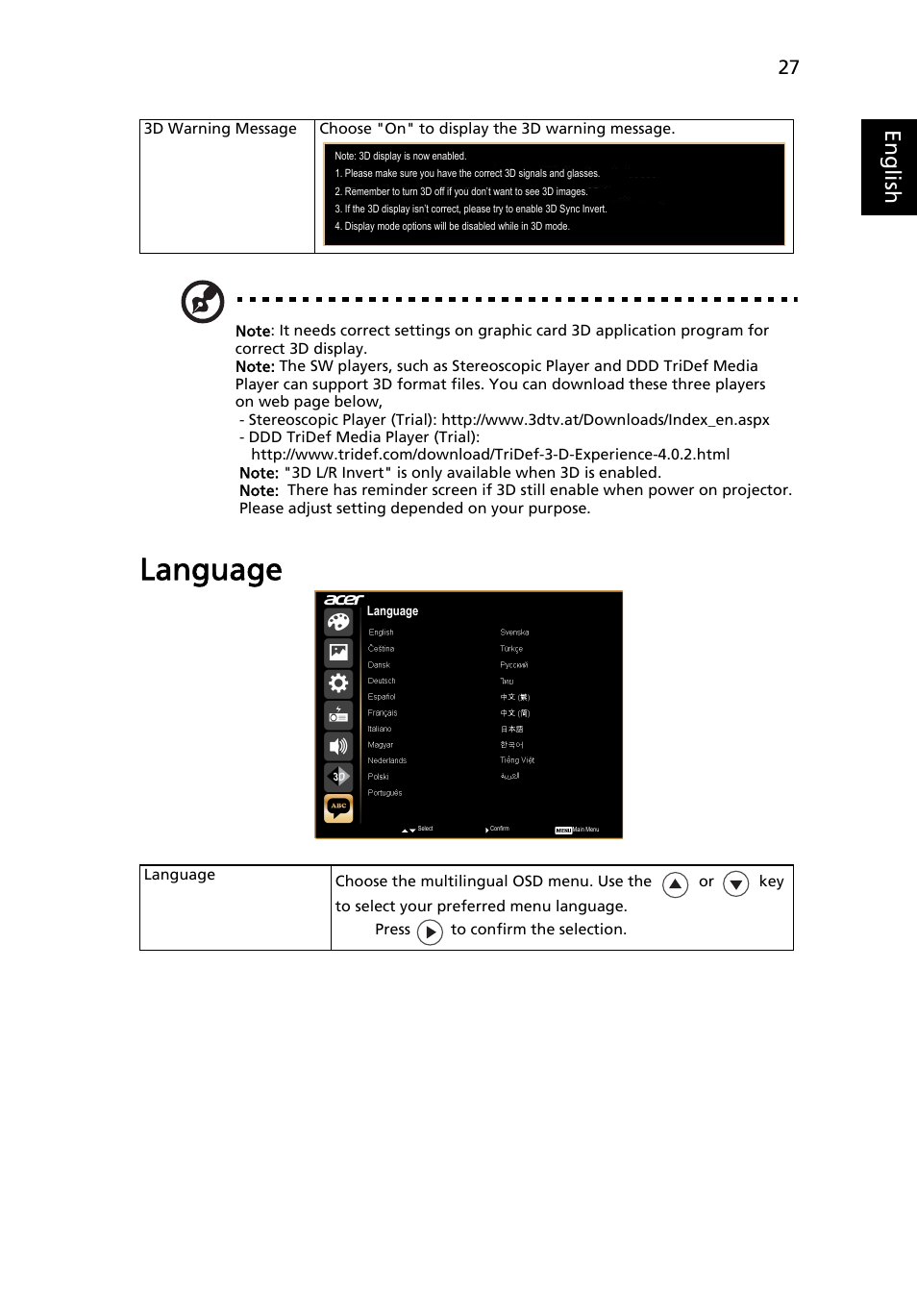 Language, Eng lis h | Acer H7532BD User Manual | Page 37 / 58