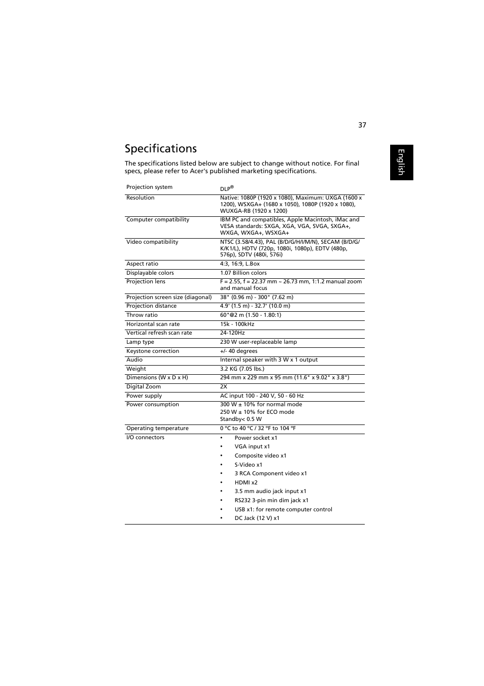 Specifications, English | Acer H7532BD User Manual | Page 47 / 58