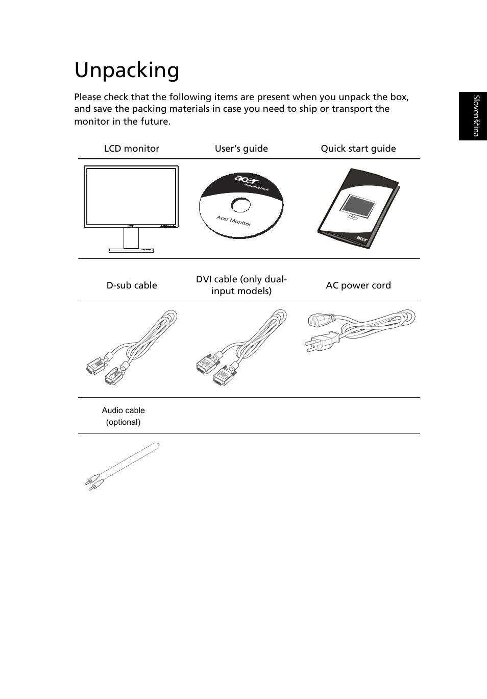 Unpacking | Acer B243H User Manual | Page 16 / 30