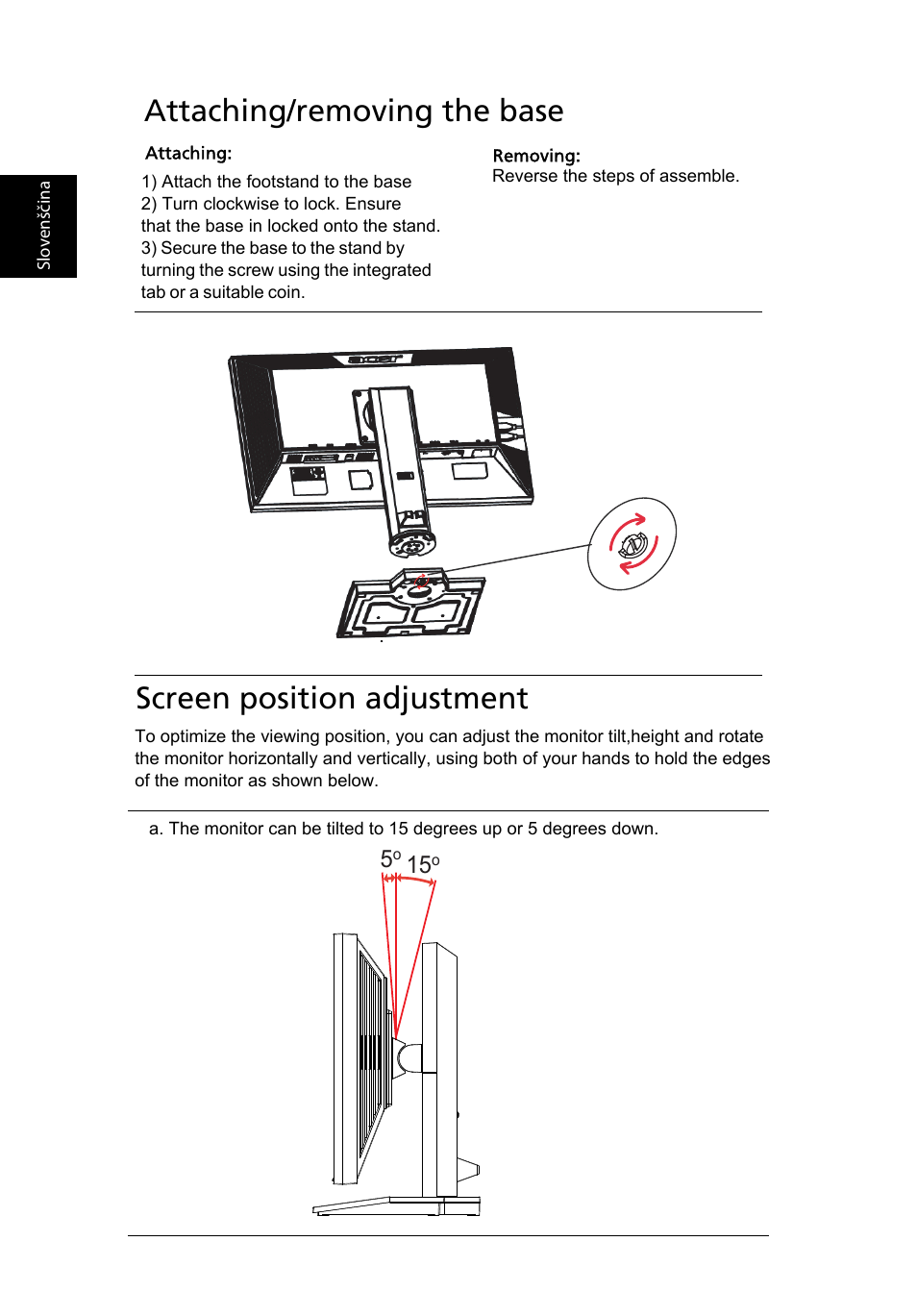 Attaching/removing the base, Screen position adjustment | Acer B243H User Manual | Page 17 / 30