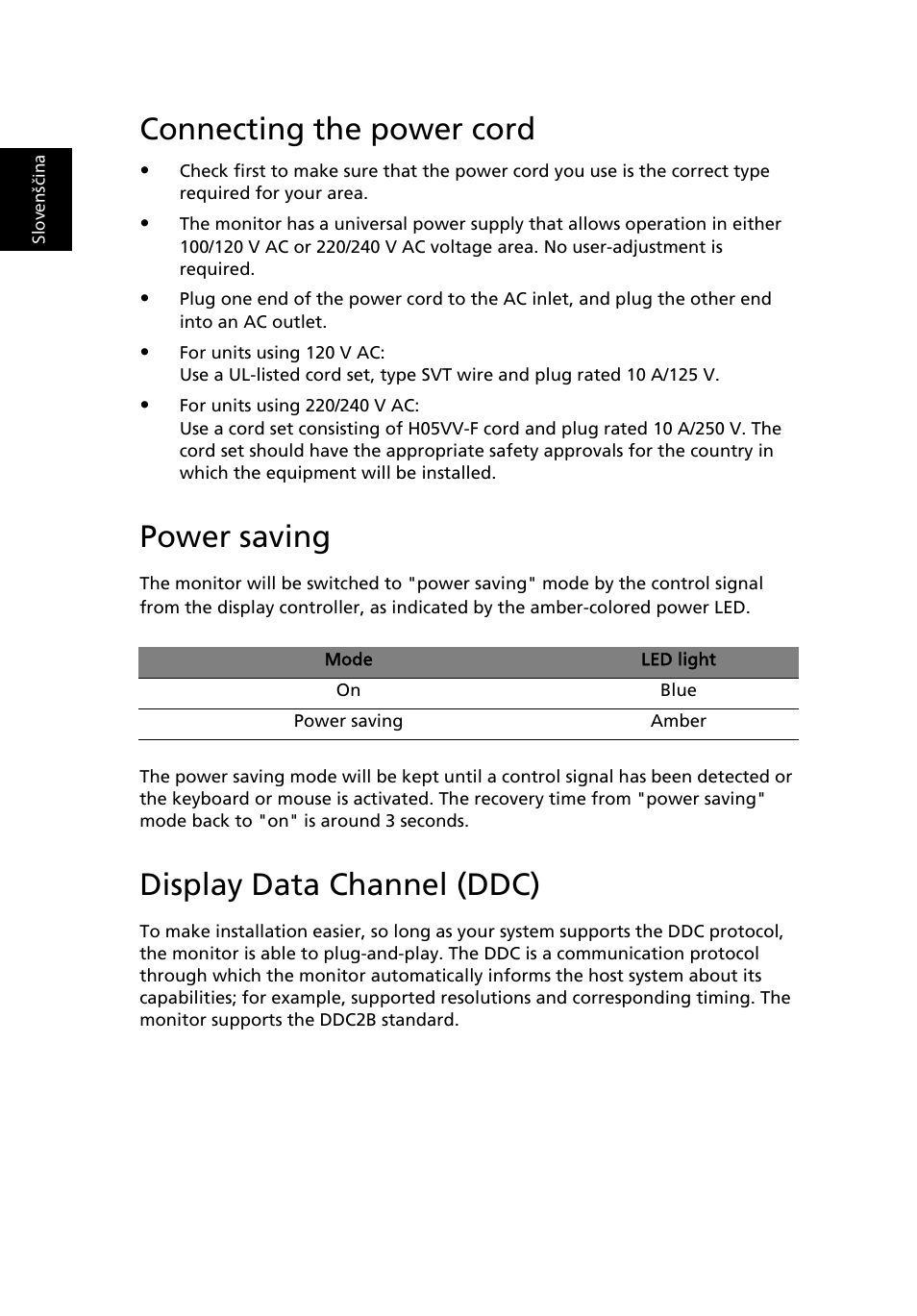 Connecting the power cord, Power saving, Display data channel (ddc) | Acer B243H User Manual | Page 19 / 30