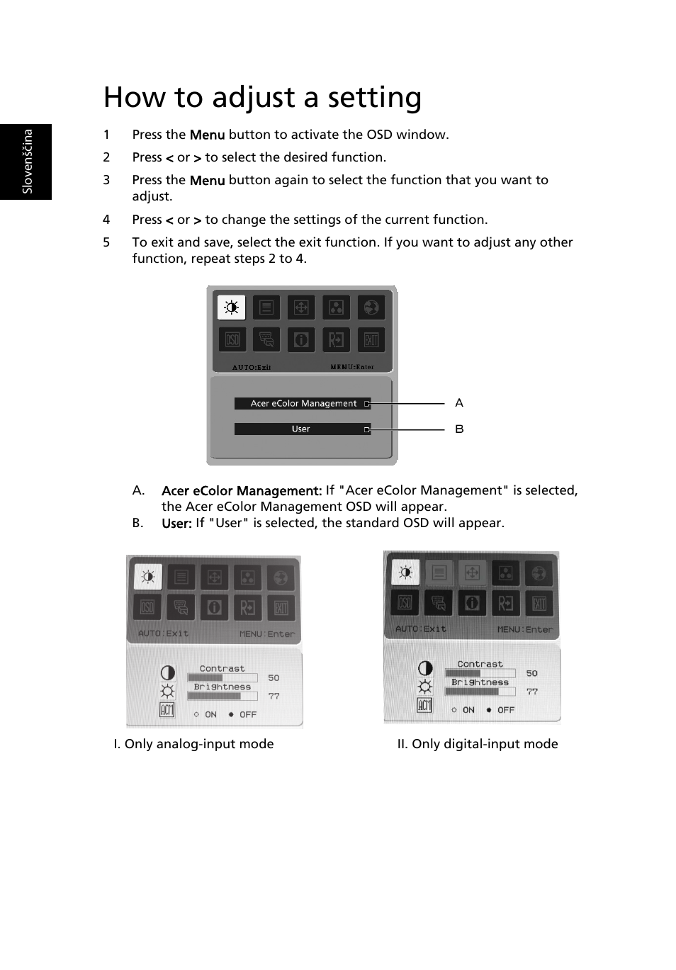 How to adjust a setting | Acer B243H User Manual | Page 25 / 30