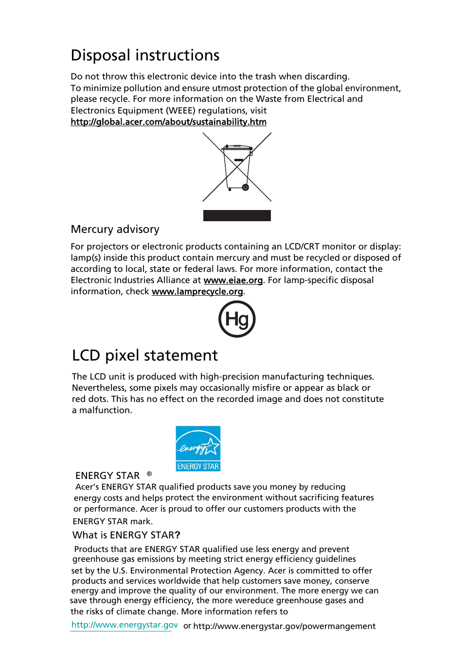 Disposal instructions, Lcd pixel statement | Acer B243H User Manual | Page 7 / 30