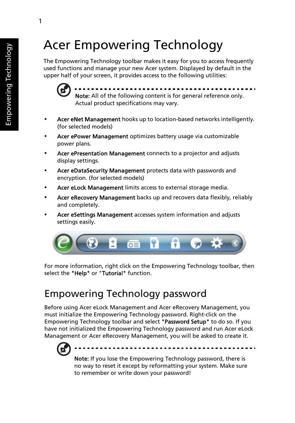 Acer empowering technology, Empowering technology password | Acer TravelMate 5720 User Manual | Page 18 / 96