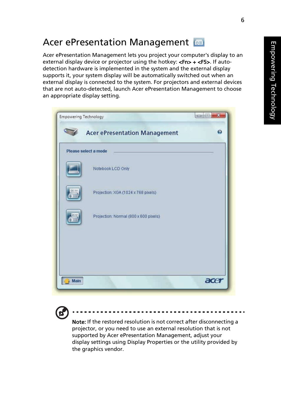 Acer epresentation management | Acer TravelMate 5720 User Manual | Page 23 / 96