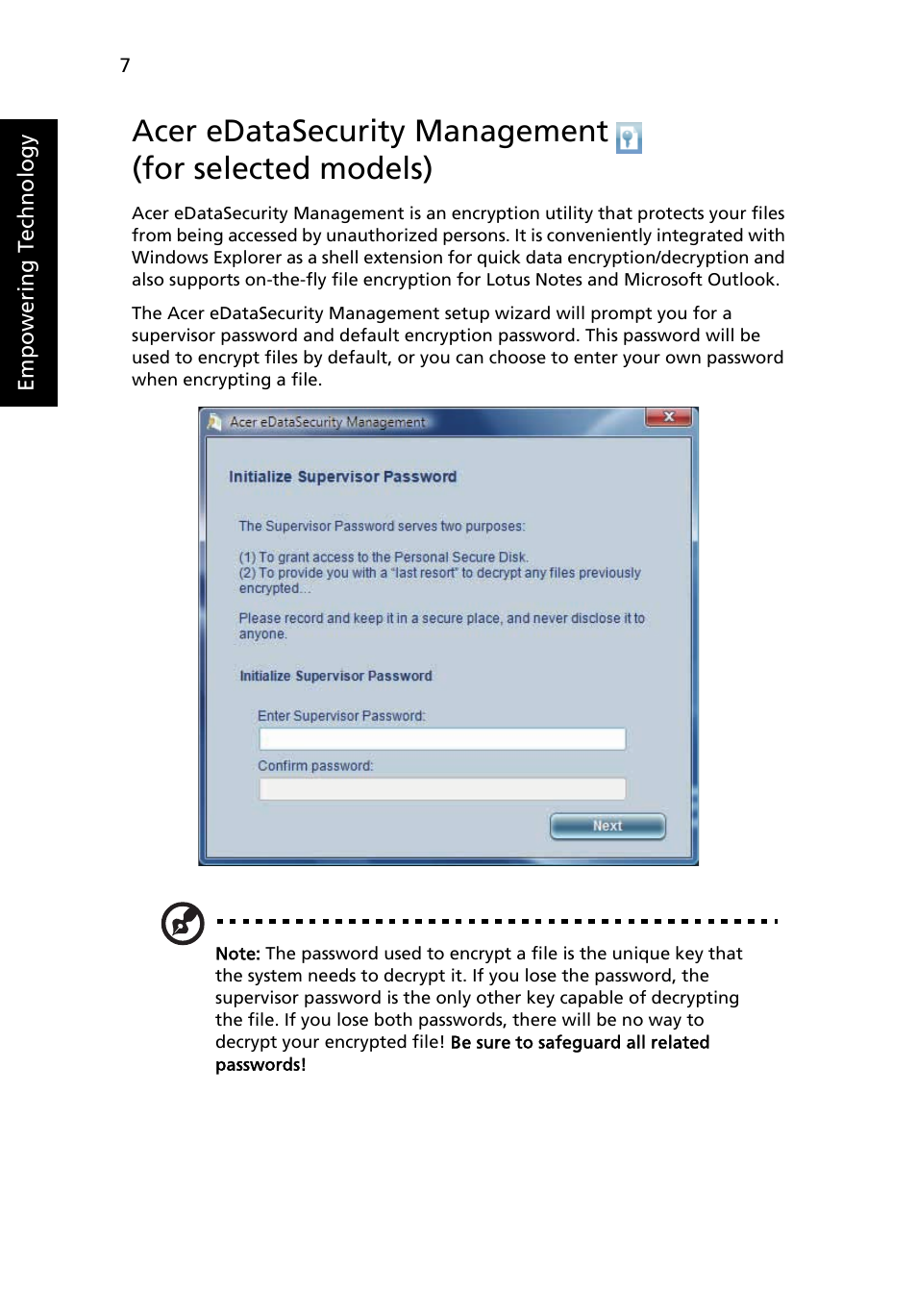 Acer edatasecurity management, For selected models) | Acer TravelMate 5720 User Manual | Page 24 / 96