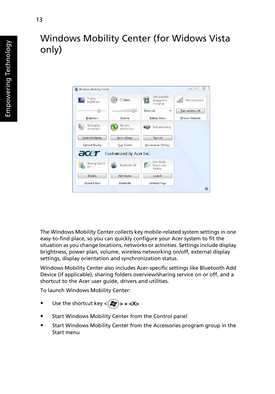 Windows mobility center, Windows mobility center (for widows vista only) | Acer TravelMate 5720 User Manual | Page 30 / 96