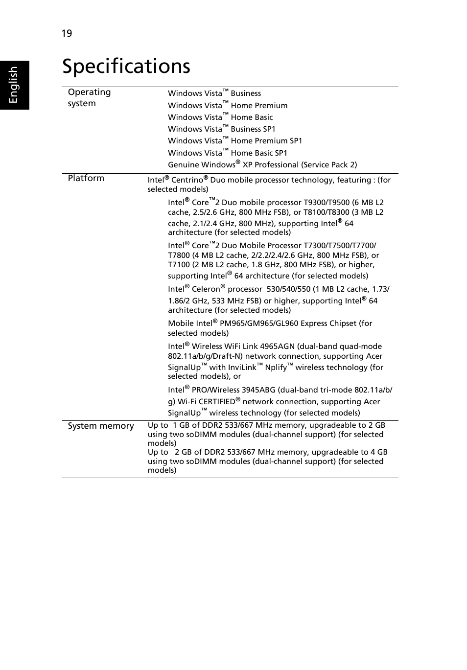 Specifications, English | Acer TravelMate 5720 User Manual | Page 36 / 96