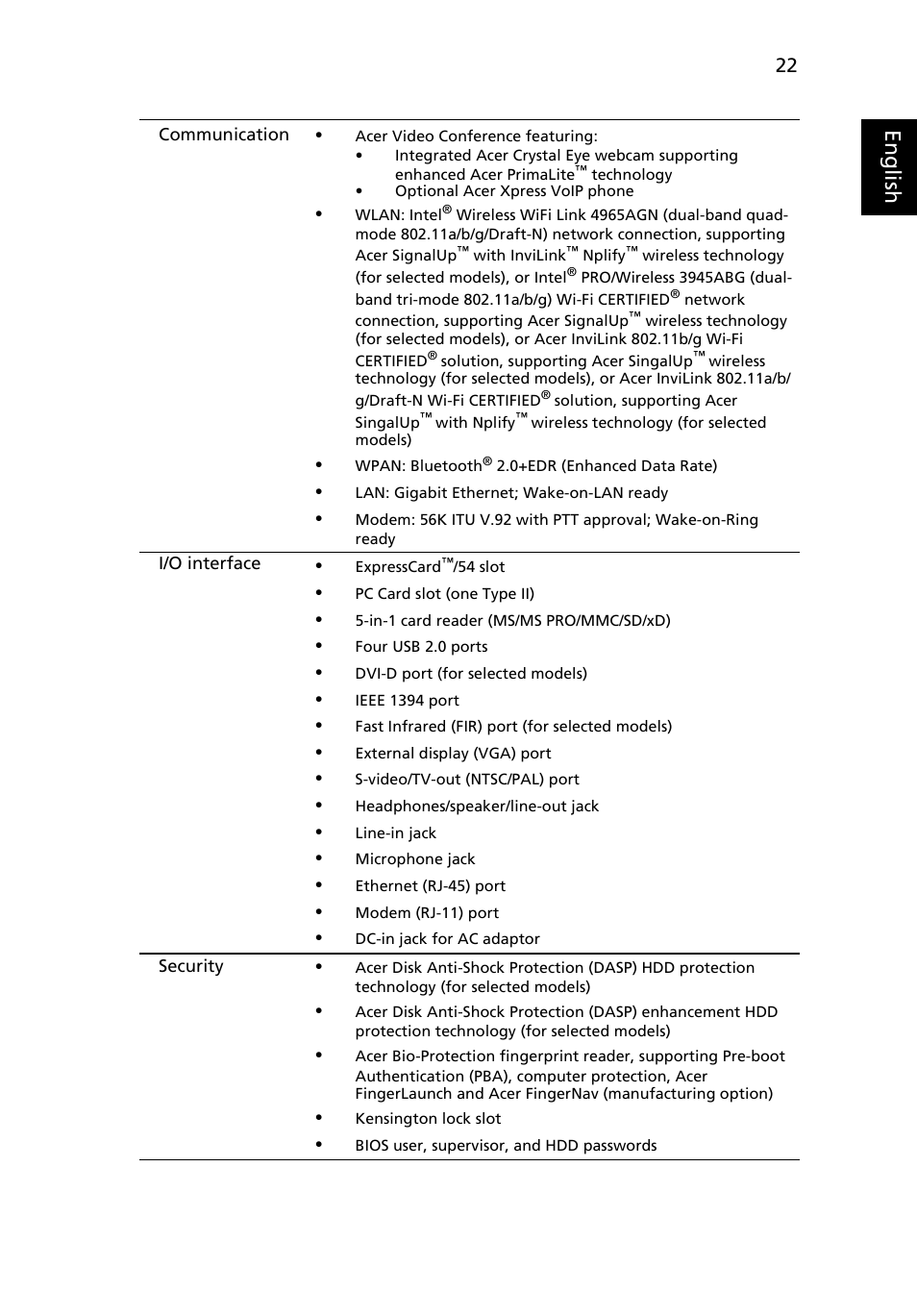 Eng lis h en gl ish | Acer TravelMate 5720 User Manual | Page 39 / 96