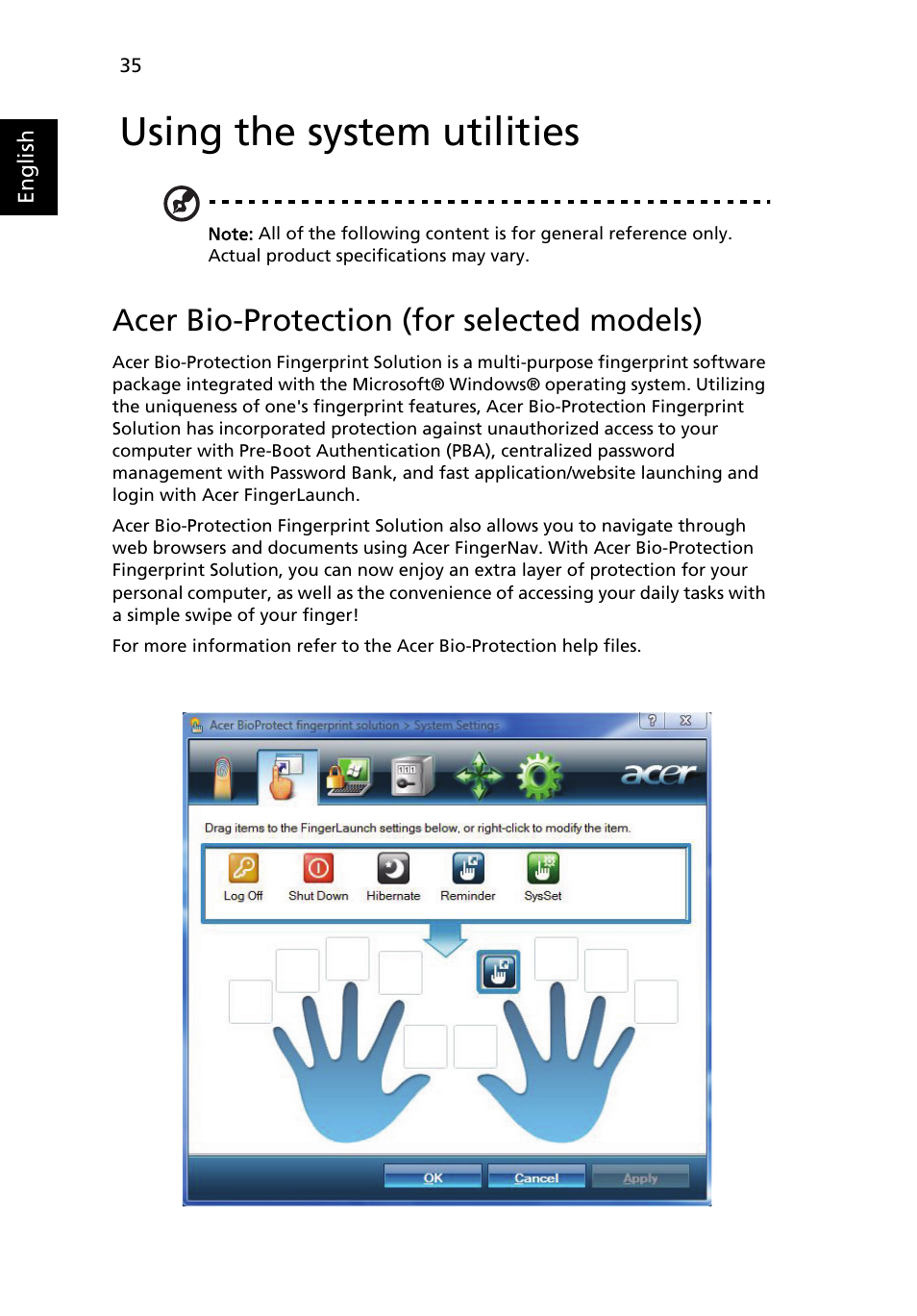 Using the system utilities, Acer bio-protection (for selected models) | Acer TravelMate 5720 User Manual | Page 52 / 96