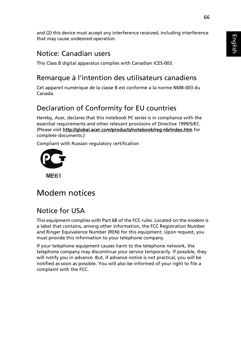 Modem notices, Notice: canadian users, Remarque à l'intention des utilisateurs canadiens | Declaration of conformity for eu countries, Notice for usa | Acer TravelMate 5720 User Manual | Page 83 / 96