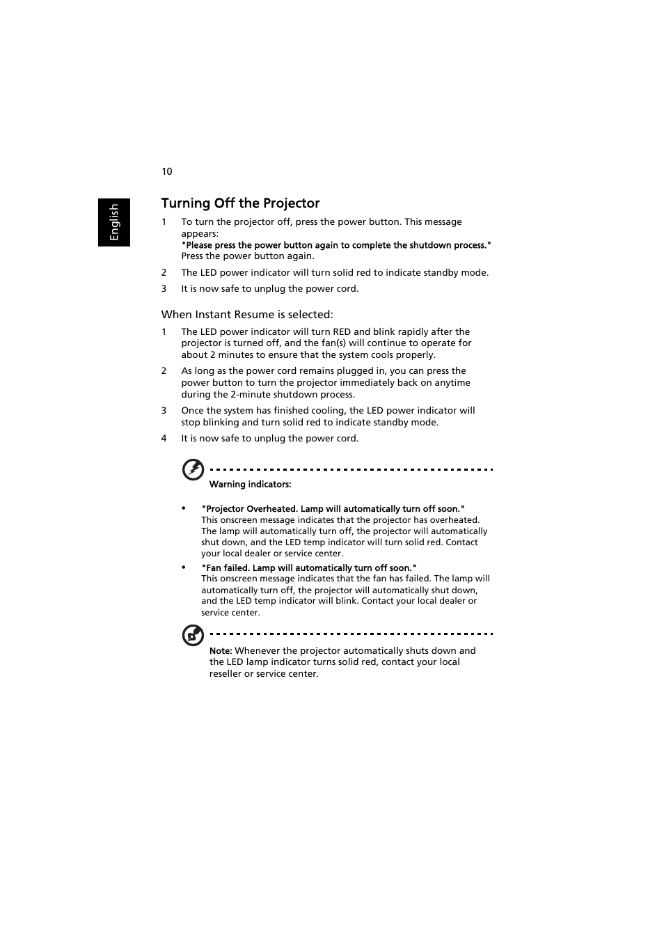 Turning off the projector | Acer XS-X10 User Manual | Page 20 / 62