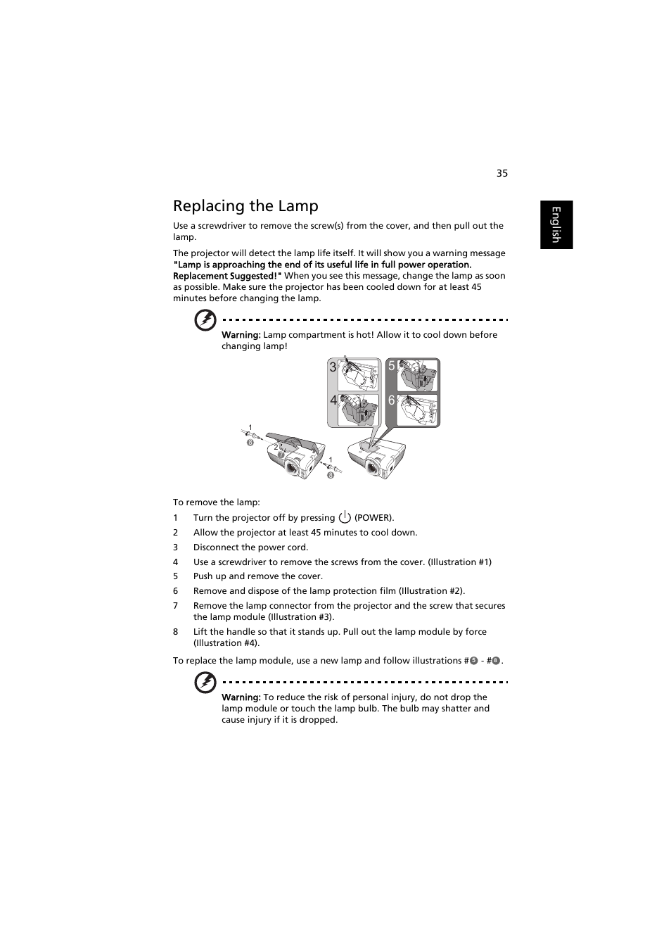 Replacing the lamp, E "replacing the lamp | Acer XS-X10 User Manual | Page 47 / 62