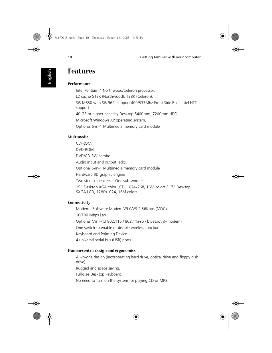 Features | Acer Aspire 1700 User Manual | Page 20 / 102