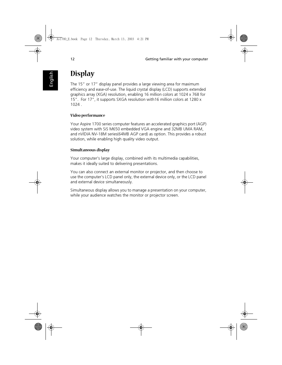 Display | Acer Aspire 1700 User Manual | Page 22 / 102