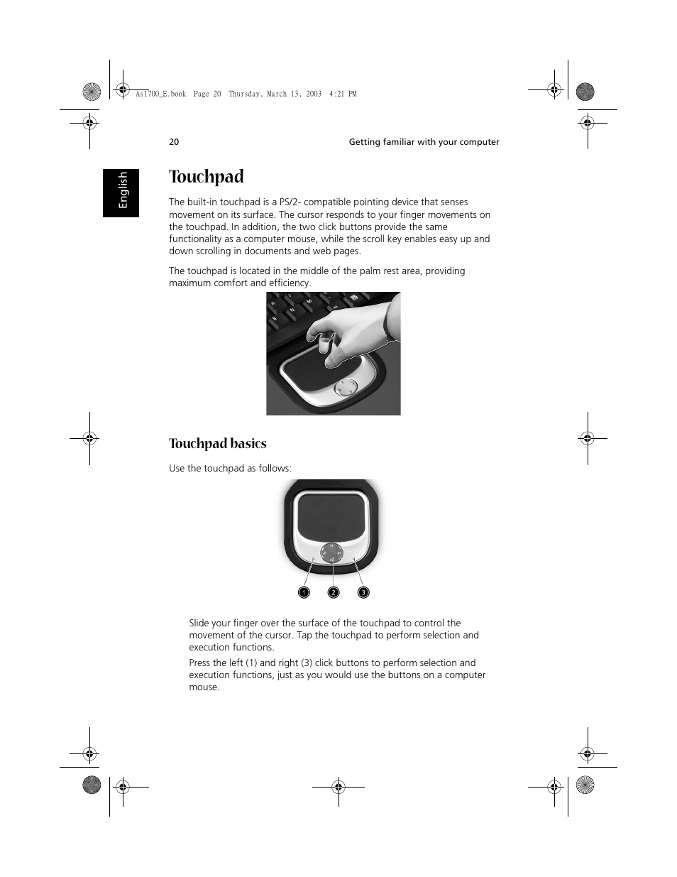 Touchpad, Touchpad basics | Acer Aspire 1700 User Manual | Page 30 / 102