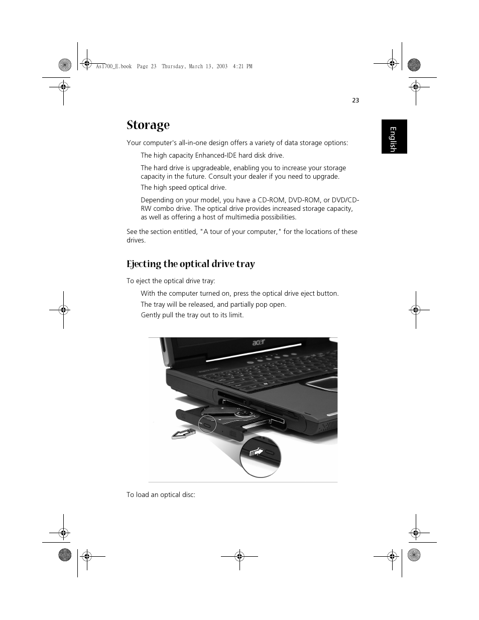 Storage, Ejecting the optical drive tray | Acer Aspire 1700 User Manual | Page 33 / 102