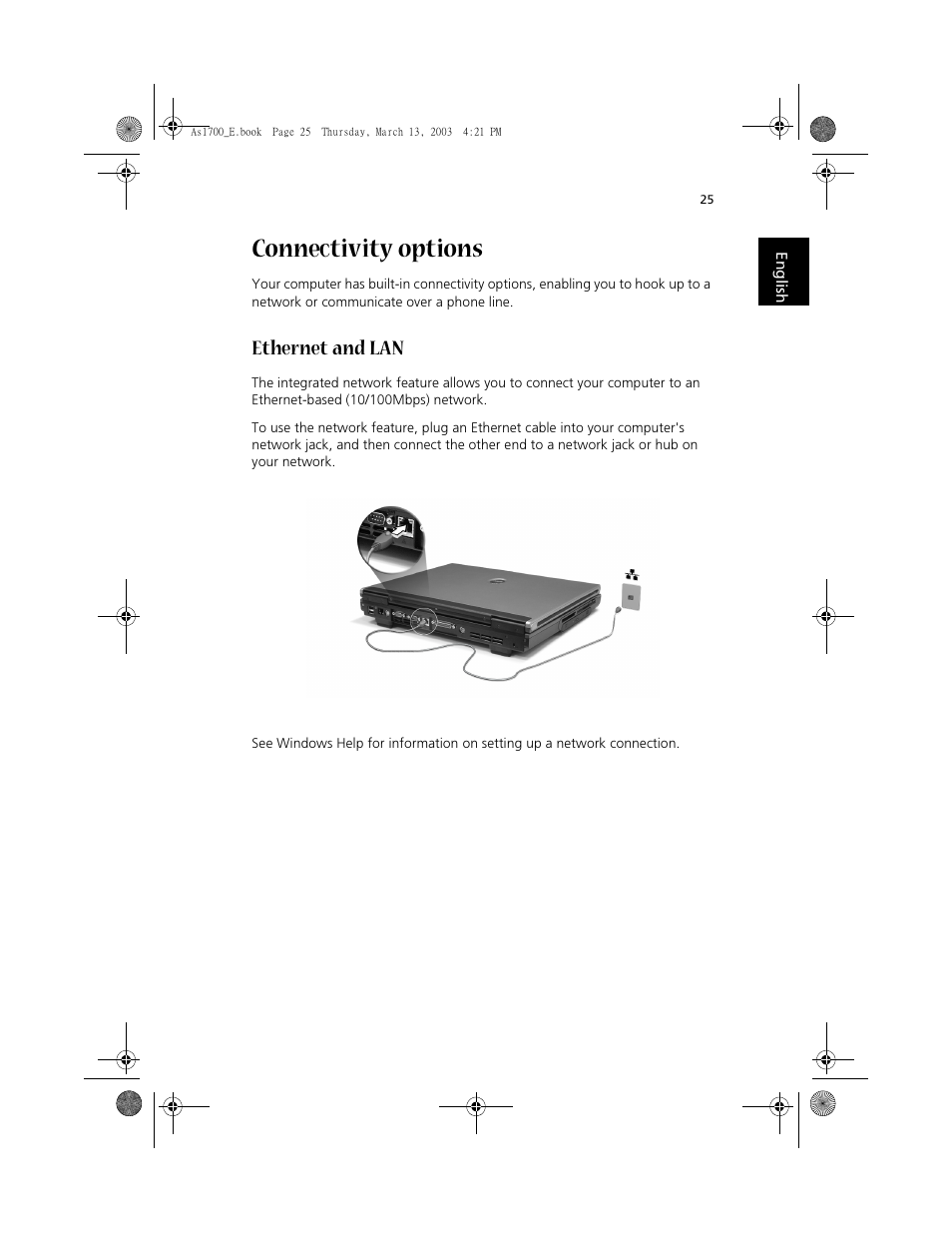 Connectivity options, Ethernet and lan | Acer Aspire 1700 User Manual | Page 35 / 102