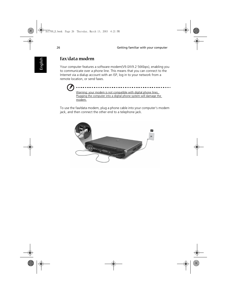 Fax/data modem | Acer Aspire 1700 User Manual | Page 36 / 102