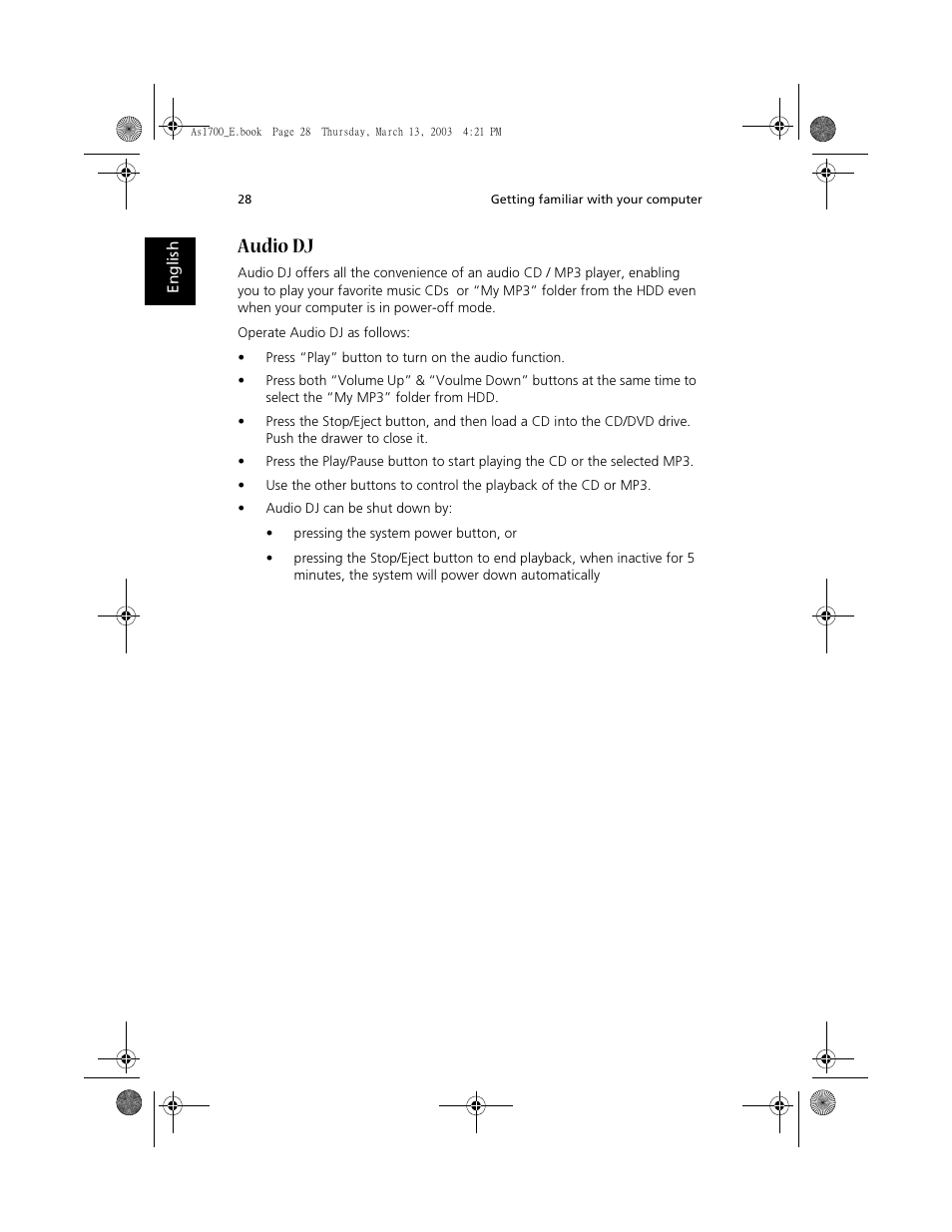 Audio dj | Acer Aspire 1700 User Manual | Page 38 / 102