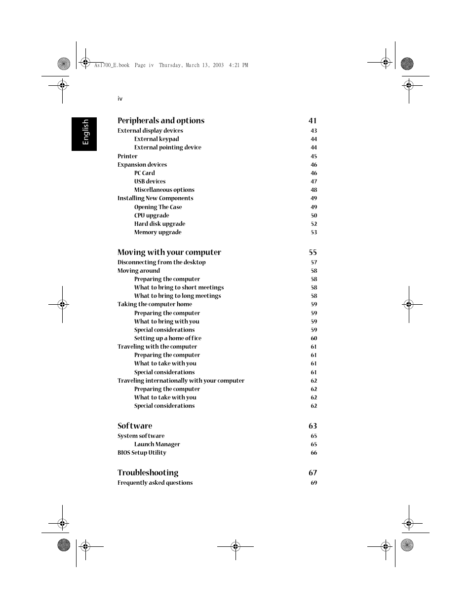 Peripherals and options 41, Moving with your computer 55, Software 63 | Troubleshooting 67 | Acer Aspire 1700 User Manual | Page 4 / 102