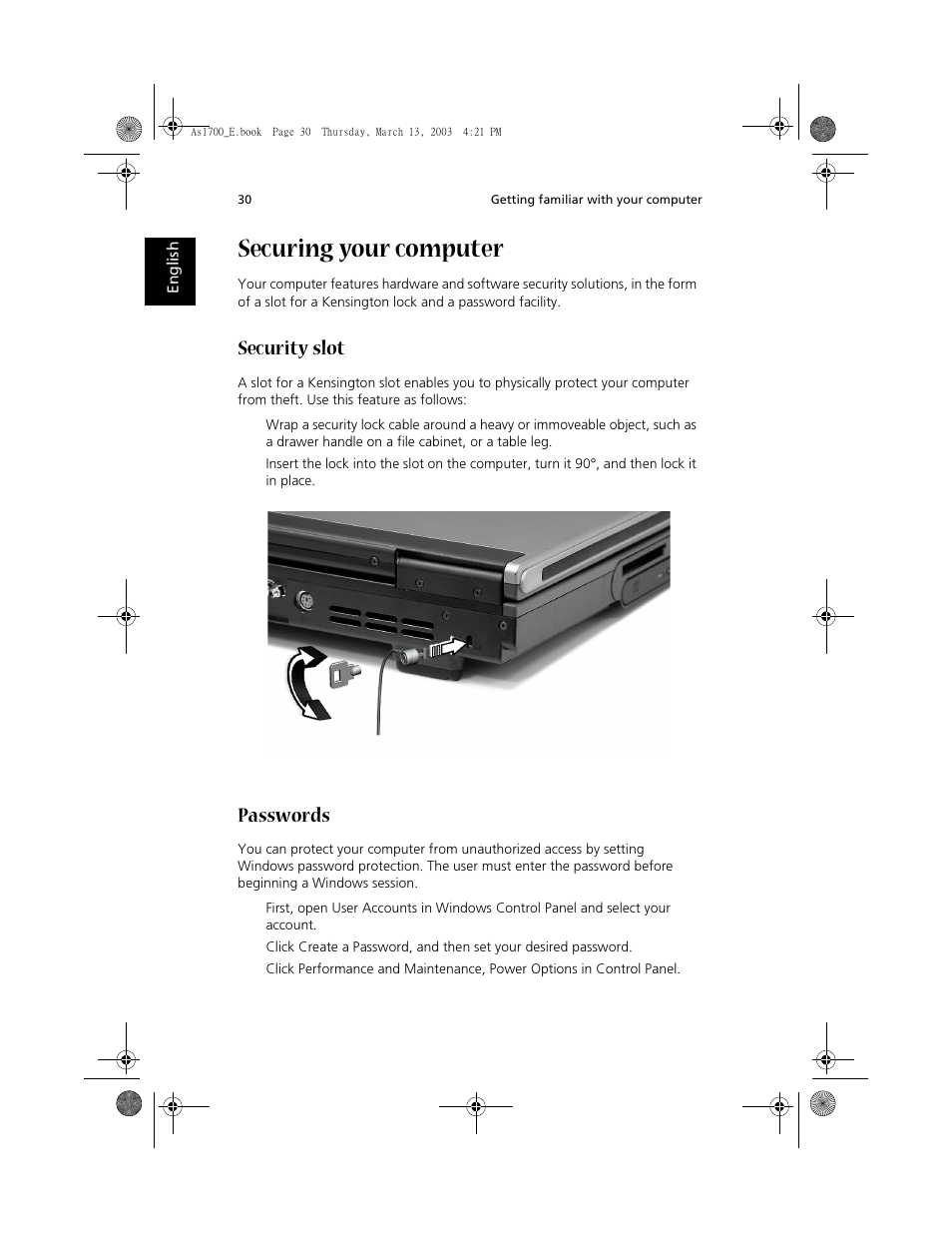 Securing your computer, Security slot, Passwords | Acer Aspire 1700 User Manual | Page 40 / 102