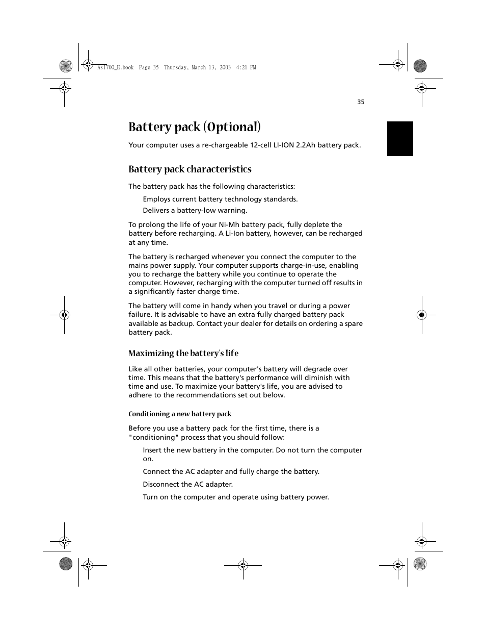 Battery pack (optional), Battery pack characteristics, Battery pack(optional) | Maximizing the battery's life | Acer Aspire 1700 User Manual | Page 45 / 102