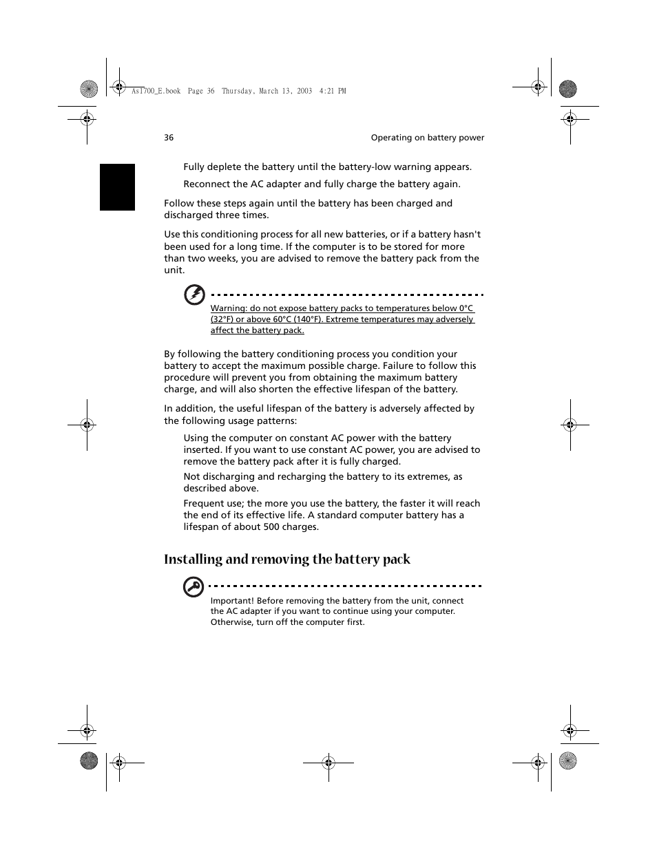 Installing and removing the battery pack | Acer Aspire 1700 User Manual | Page 46 / 102