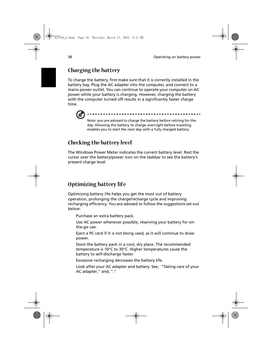 Charging the battery, Checking the battery level, Optimizing battery life | Acer Aspire 1700 User Manual | Page 48 / 102