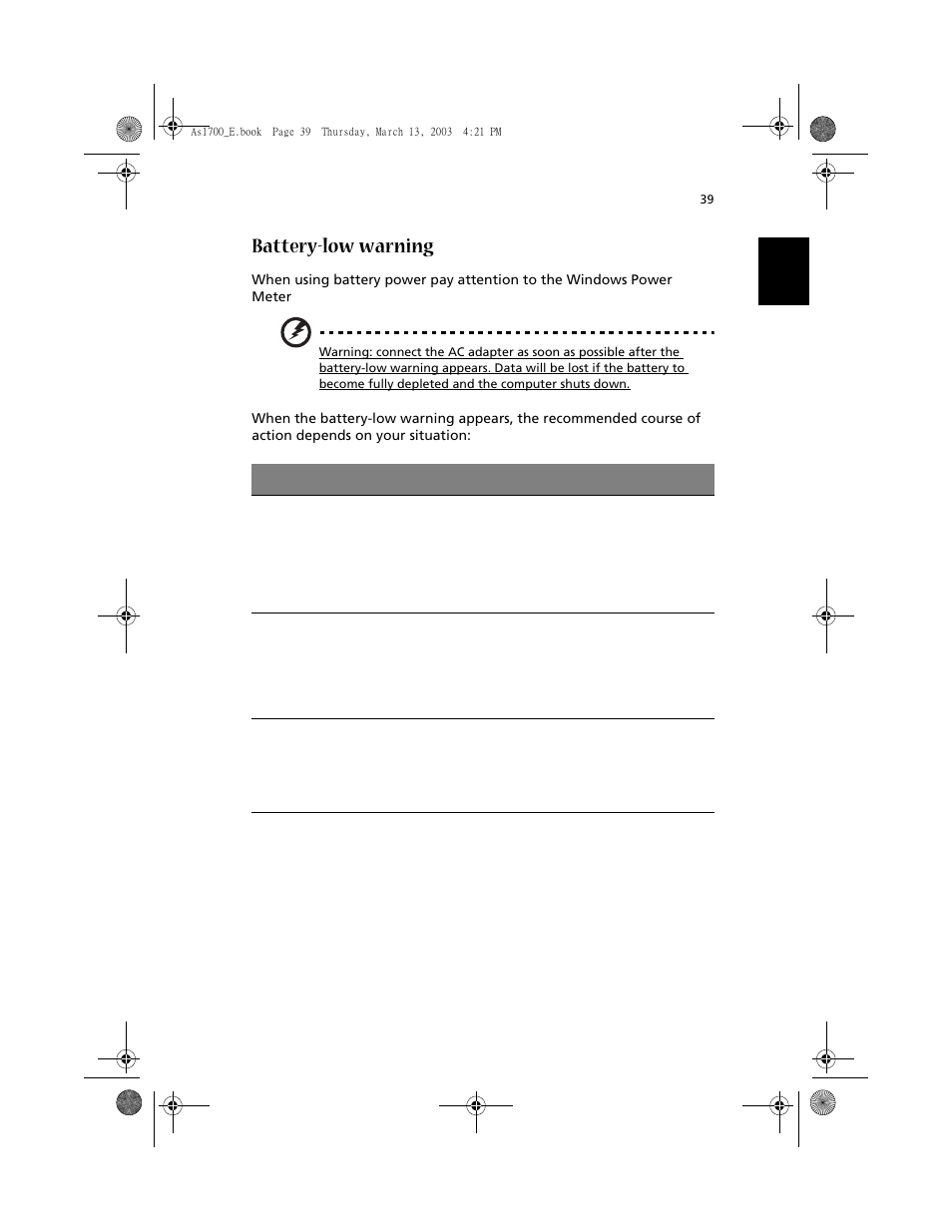 Battery-low warning | Acer Aspire 1700 User Manual | Page 49 / 102