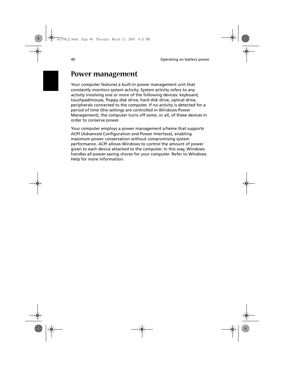 Power management | Acer Aspire 1700 User Manual | Page 50 / 102