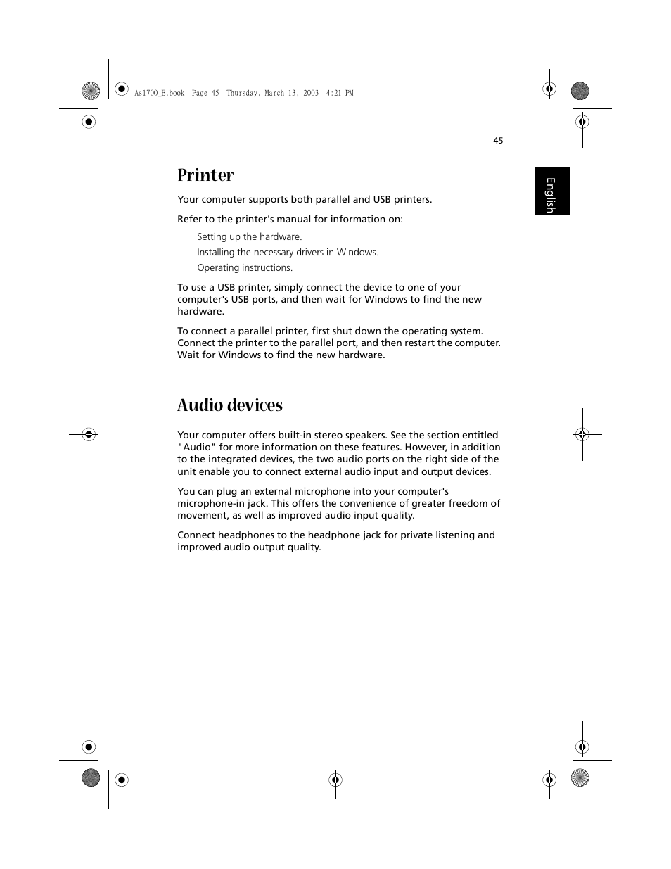 Printer, Audio devices | Acer Aspire 1700 User Manual | Page 55 / 102