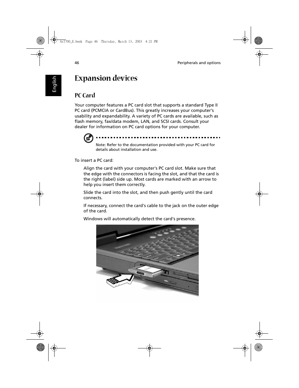 Expansion devices, Pc card | Acer Aspire 1700 User Manual | Page 56 / 102