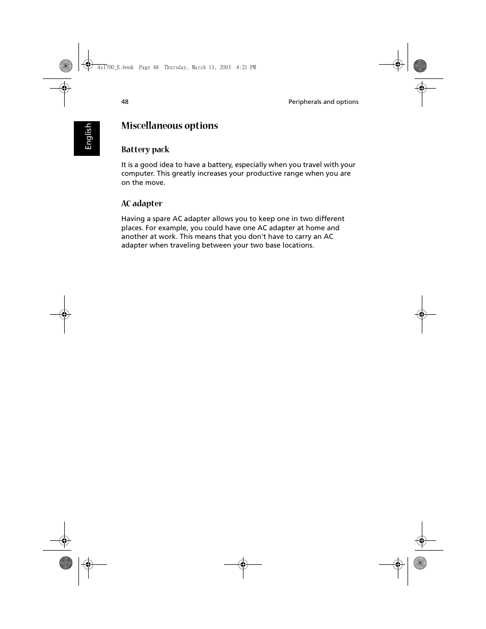 Miscellaneous options | Acer Aspire 1700 User Manual | Page 58 / 102