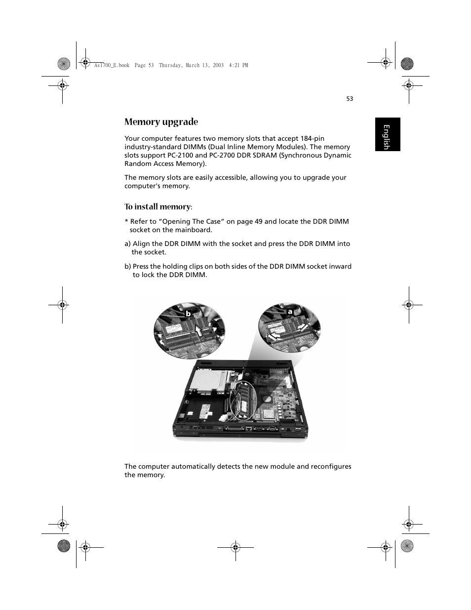 Memory upgrade | Acer Aspire 1700 User Manual | Page 63 / 102