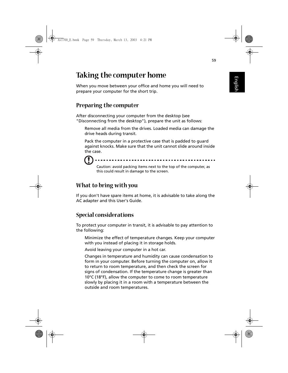 Taking the computer home, Preparing the computer, What to bring with you | Special considerations | Acer Aspire 1700 User Manual | Page 69 / 102